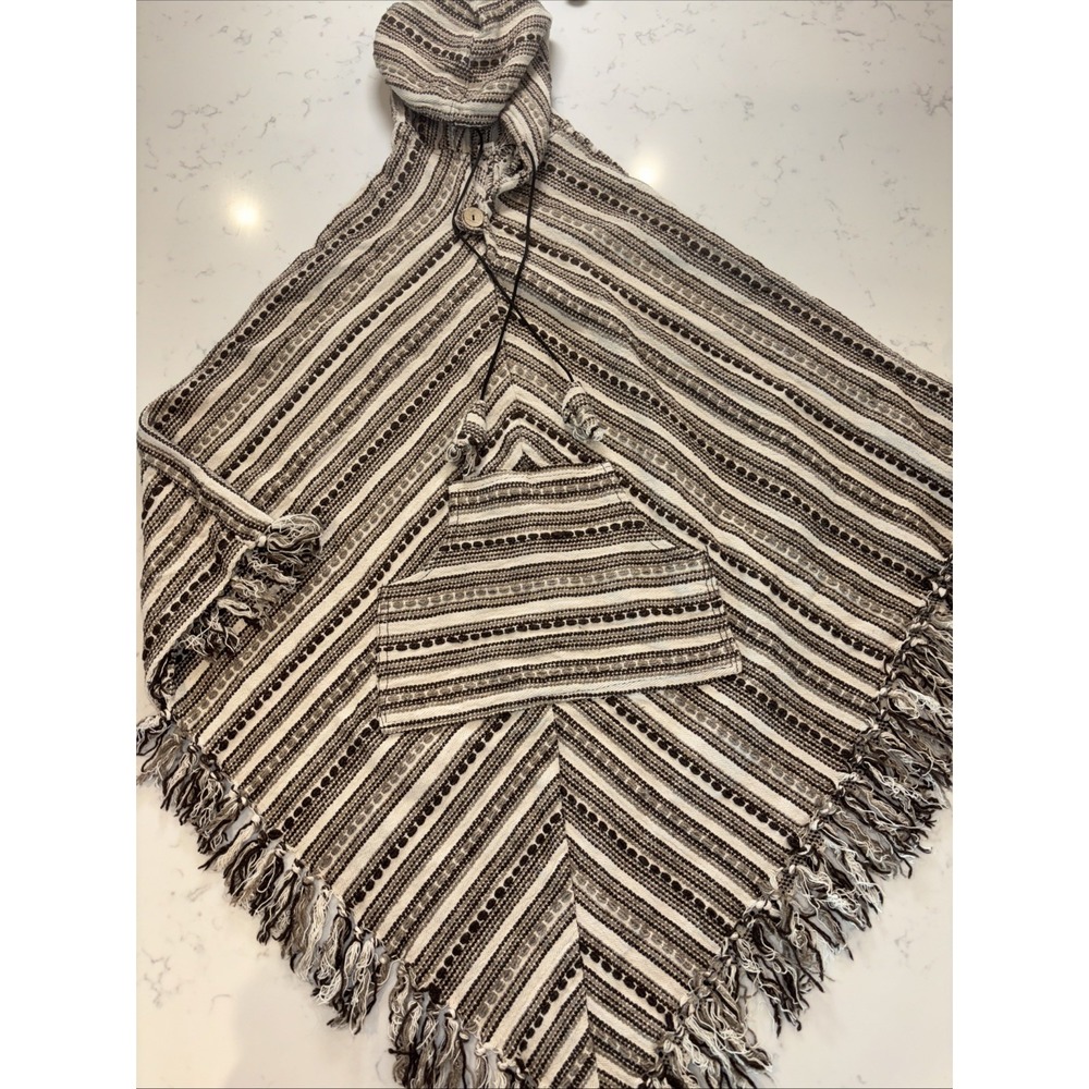 Striped Fringe Knit Poncho Shrug in Beige and Black
